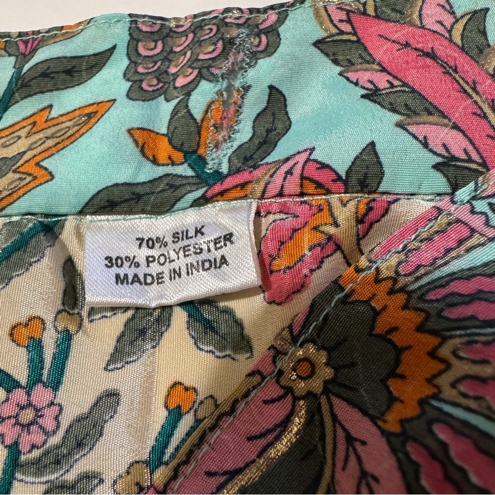 Vintage Silk Pink Green Floral Midi Wrap Skirt One Size Boho Beach Travel Casual - Picture 6 of 6